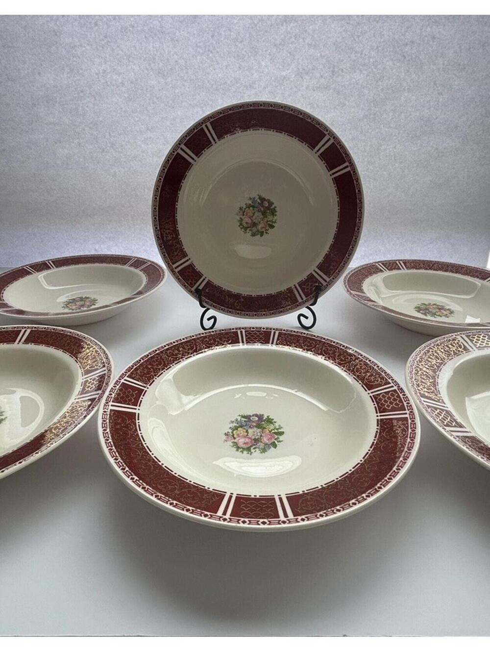 6 Homer Laughlin Piccadilly Rim Soup Bowls P531 Red Rim Gold Floral Center 1942